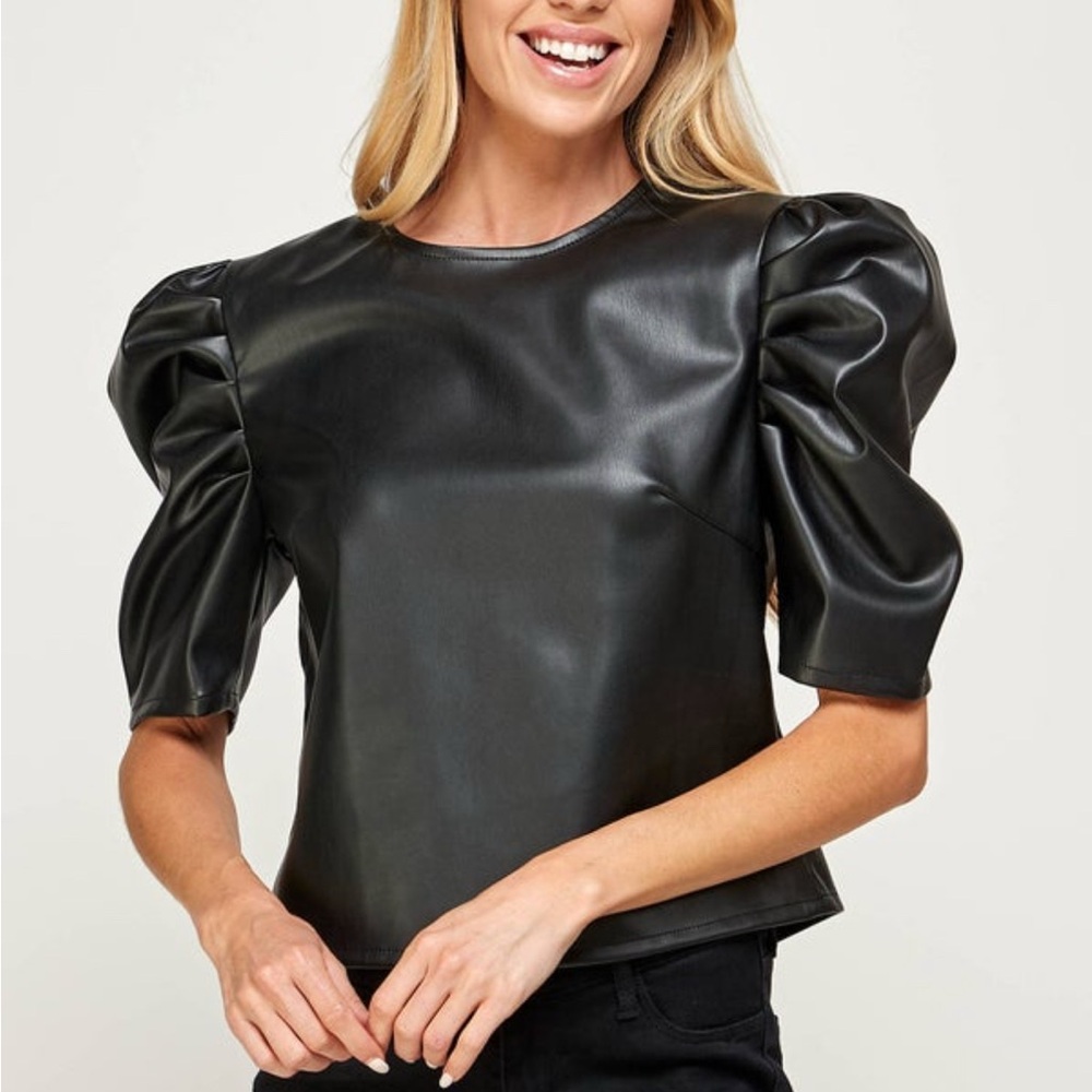 Black Faux Leather Puff Sleeve Top